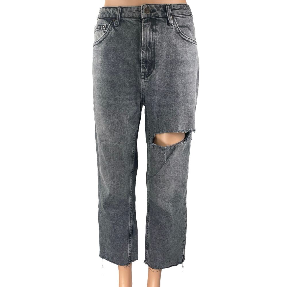 Topshop Women's Black Distressed High Rise Wide Leg Baggy Denim Jeans Size 32